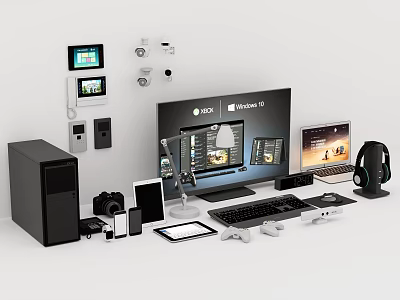 Modern Desktop PC Setup with Monitor Laptop and Peripheral Devices Including Keyboard Mouse and Headphones 3d model