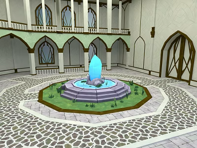 Stone And Wood Courtyard Design With Central Fountain And Arched Wooden Frames 3d model