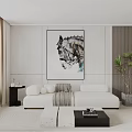 White Sectional Sofa in Modern Living Room with Abstract Painting Black Coffee Table and Plant