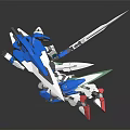 Blue White Mecha Model with Green Red Accents Large Blades in Dynamic Action Pose