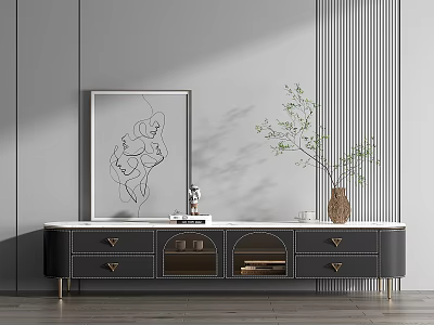 Modern TV Stand With Drawers Glass Doors Marble Top Decorative Painting Green Plant Vase 3d model