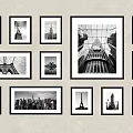 Black And White Framed Photos Wall Display With Iconic Buildings And Landmarks