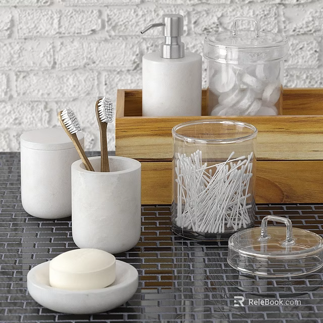Stylish Modern Bathroom Accessories with Toothbrushes Soap Container and Toothpick Holder on Countertop 3d model 