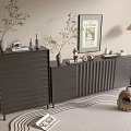 Modern Minimalist Entryway Interior With Gray Cabinet Sideboard Potted Plants Photo Frames And Table Lamp