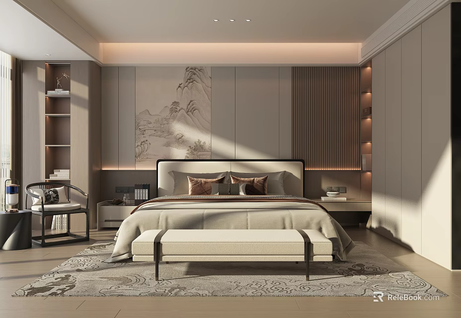 Modern Minimalist Bedroom Interior Design With Upholstered Bed Nightstands And Patterned Rug 3d model 