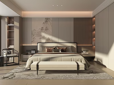 Modern Minimalist Bedroom Interior Design With Upholstered Bed Nightstands And Patterned Rug 3d model