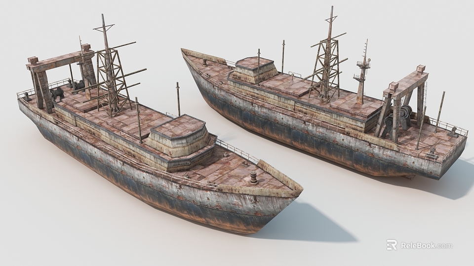 Two Rusty Old Ships With Weathered Metal Structures On Deck And Hull Details 3d model 