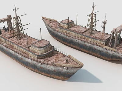 Two Rusty Old Ships With Weathered Metal Structures On Deck And Hull Details 3d model Two Rusty Old Ships With Weathered Metal Structures On Deck And Hull Details 3d model