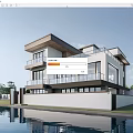 Modern Detached Villa With Large Windows Balcony Water Pool And Greenery
