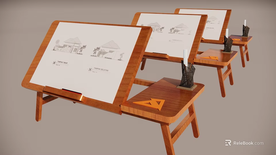 Wooden Desk With Drawing Boards Architectural Sketches Candle Holder And Triangle Ruler 3d model 
