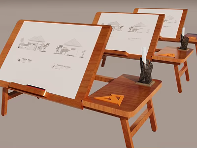 Wooden Desk With Drawing Boards Architectural Sketches Candle Holder And Triangle Ruler 3d model