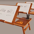 Wooden Desk With Drawing Boards Architectural Sketches Candle Holder And Triangle Ruler