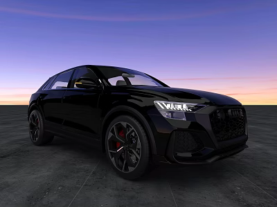 Black Audi Q8 Sporty SUV With LED Headlights Alloy Wheels And Sunset Sky View 3d model