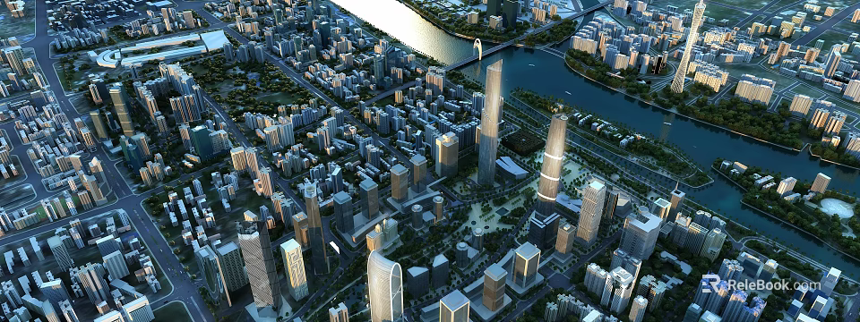 Aerial Planning of Modern Urban City with Skyscrapers River Bridge Roads and Detailed Layout 3d model 