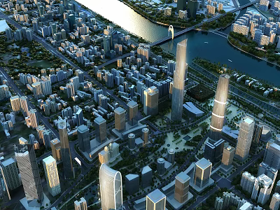 Aerial Planning of Modern Urban City with Skyscrapers River Bridge Roads and Detailed Layout 3d model