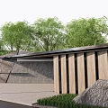 Modern Entrance Gate With Stone Wall And Black Roof Surrounded By Green Trees