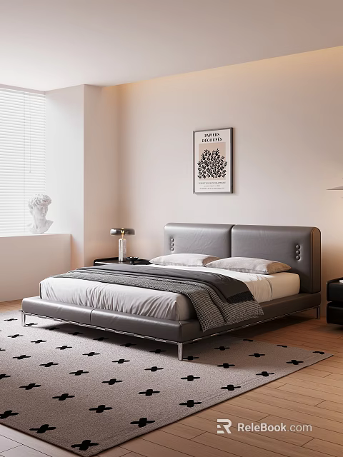 Modern Bedroom Interior Design With Gray Leather Bed Blinds And Plant Painting 3d model 