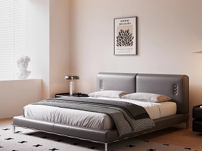 Modern Bedroom Interior Design With Gray Leather Bed Blinds And Plant Painting 3d model
