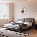 Modern Bedroom Interior Design With Gray Leather Bed Blinds And Plant Painting