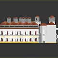3D Classical Architectural Model With Red Roofs White Walls Symmetric Design And Tower