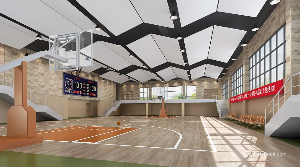 Modern Basketball Gym Interior With Wooden Floor Basketball Hoop Scoreboard Windows And Spectator Seats 3d model 