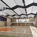 Modern Basketball Gym Interior With Wooden Floor Basketball Hoop Scoreboard Windows And Spectator Seats