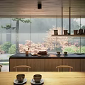 Modern Tea House With Glass Curtain Walls Surrounded by Green Trees and Wooden Tables Chairs