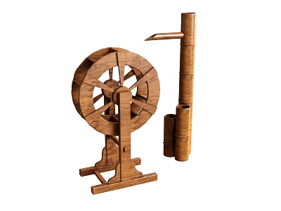 Scenic Traditional Waterfront Landscape With Wooden Waterwheel And Vertical Pipe Structure 3d model
