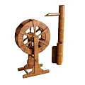 Scenic Traditional Waterfront Landscape With Wooden Waterwheel And Vertical Pipe Structure