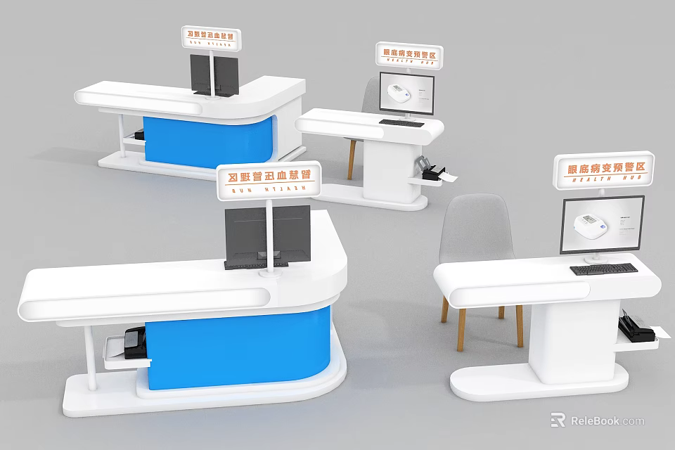 Modern Reception Desk Design With White Blue Counter Monitor And Chair 3d model 