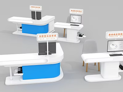 Modern Reception Desk Design With White Blue Counter Monitor And Chair 3d model