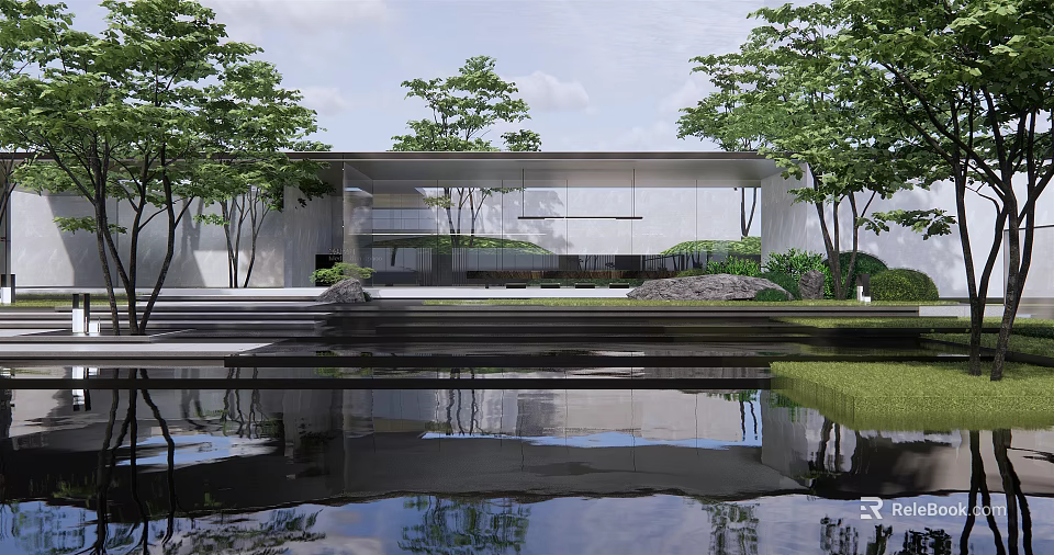 Modern Residence Landscape With Water Pond Reflection And Surrounding Trees Greenery 3d model