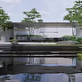 Modern Residence Landscape With Water Pond Reflection And Surrounding Trees Greenery 3d model