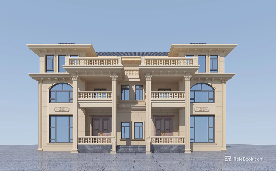 Classic Duplex Villa Exterior Design With Symmetrical Arched Windows And Balconies 3d model 