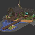 Scenic Rustic Log Cabin With Wooden Deck Dock And Small Boat By Water