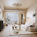 Elegant Living Room Interior With Cream Sofa Polka Dot Rug Ornate Chandelier And Arched Window