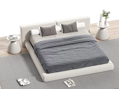 Double Bed With White Headboard Gray Bedspread Pillows White Nightstands Plant Wooden Floor And Rug 3d model
