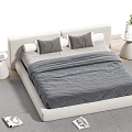 Double Bed With White Headboard Gray Bedspread Pillows White Nightstands Plant Wooden Floor And Rug