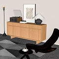 Modern Wooden Console Cabinet with Vinyl Record Player Books Table Lamp and Decorative Painting