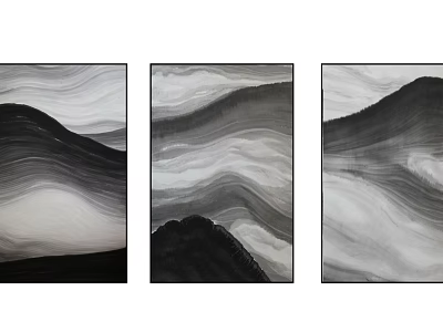 Three Panel Abstract Black White Wave Art Paintings For Modern Wall Decor 3d model