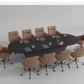 Modern Black Oval Conference Table Surrounded By Brown Office Chairs With Laptops Cups