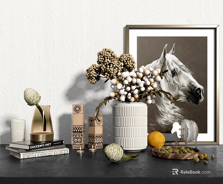 Stylish Decorative Ornament Set With Vase Flower Arrangement Horse Portrait Books And Fruits 3d model 