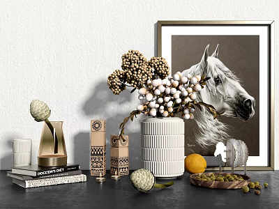 Stylish Decorative Ornament Set With Vase Flower Arrangement Horse Portrait Books And Fruits 3d model