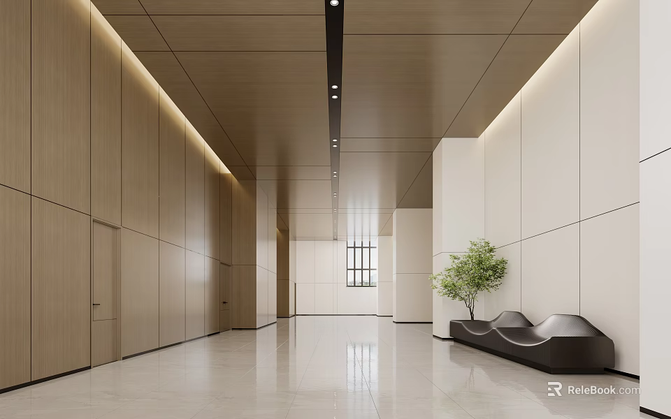 Modern Office Corridor With Wooden White Walls Ceiling Lights Sleek Flooring Black Bench Green Plant 3d model 