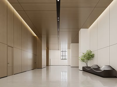 Modern Office Corridor With Wooden White Walls Ceiling Lights Sleek Flooring Black Bench Green Plant 3d model