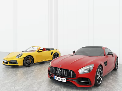 Luxury Sports Cars Yellow Convertible Porsche and Red Mercedes Parked in White Interior 3d model