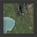 3D Modeled Garden Landscape Design With Lush Green Vegetation Blue Water Body And Mountain Range