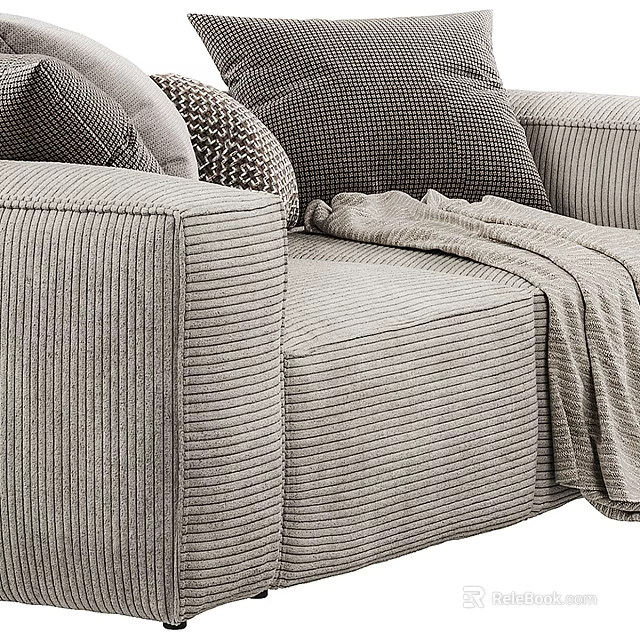 Two Seater Sofa With Ribbed Striped Fabric And Cozy Throw Pillows Plus Blanket 3d model 
