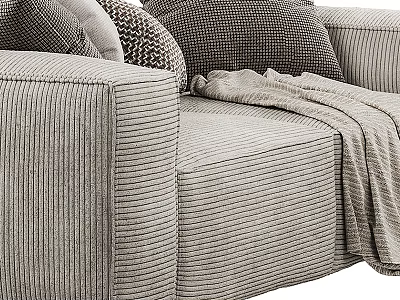 Two Seater Sofa With Ribbed Striped Fabric And Cozy Throw Pillows Plus Blanket 3d model