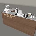 Coffee Shop Checkout Counter With Wooden Countertop Cash Register Equipment Cups And Bottles